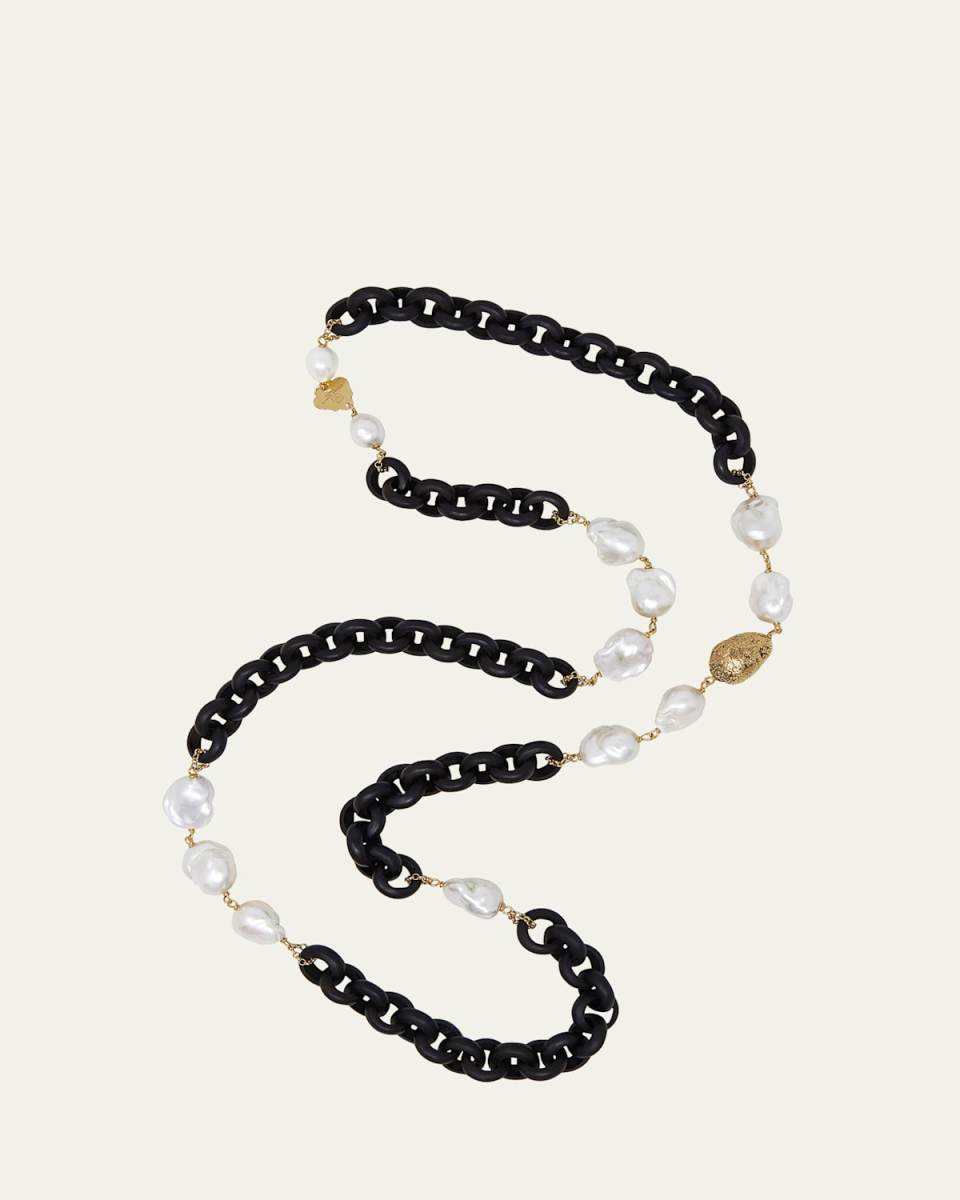 18K Yellow Gold Ebony Wood and Baroque Pearl Necklace, 20"L